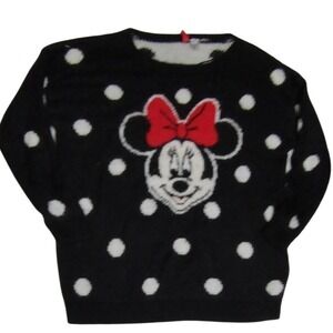 Divided Black Minnie Mouse Polka Dot Knit Sweater Red Bow Size Women's Medium